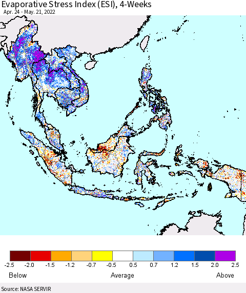 South East Asia Evaporative Stress Index (ESI), 4-Weeks Thematic Map For 5/16/2022 - 5/22/2022