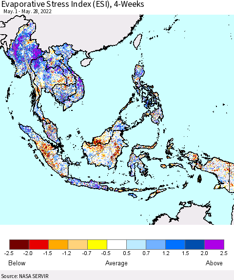 South East Asia Evaporative Stress Index (ESI), 4-Weeks Thematic Map For 5/23/2022 - 5/29/2022