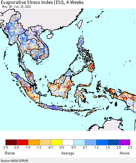 South East Asia Evaporative Stress Index (ESI), 4-Weeks Thematic Map For 6/20/2022 - 6/26/2022