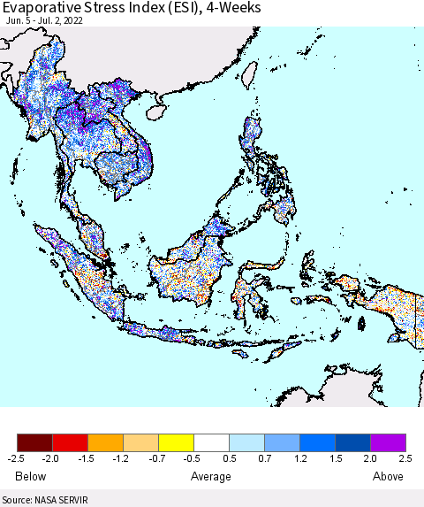 South East Asia Evaporative Stress Index (ESI), 4-Weeks Thematic Map For 6/27/2022 - 7/3/2022