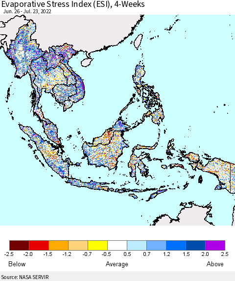 South East Asia Evaporative Stress Index (ESI), 4-Weeks Thematic Map For 7/18/2022 - 7/24/2022