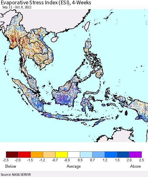South East Asia Evaporative Stress Index (ESI), 4-Weeks Thematic Map For 10/3/2022 - 10/9/2022