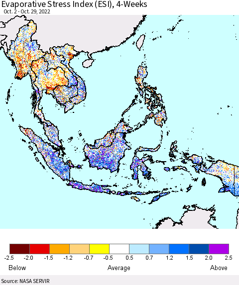 South East Asia Evaporative Stress Index (ESI), 4-Weeks Thematic Map For 10/24/2022 - 10/30/2022