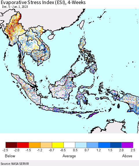 South East Asia Evaporative Stress Index (ESI), 4-Weeks Thematic Map For 12/26/2022 - 1/1/2023