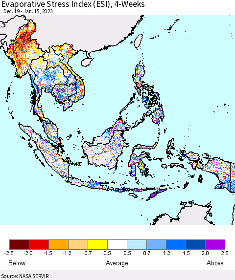 South East Asia Evaporative Stress Index (ESI), 4-Weeks Thematic Map For 1/9/2023 - 1/15/2023