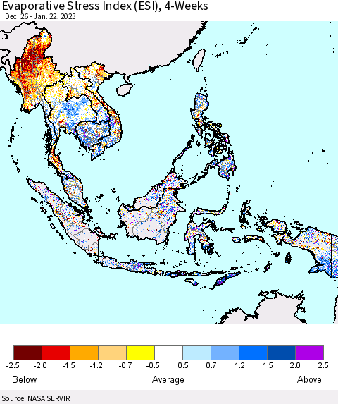 South East Asia Evaporative Stress Index (ESI), 4-Weeks Thematic Map For 1/16/2023 - 1/22/2023