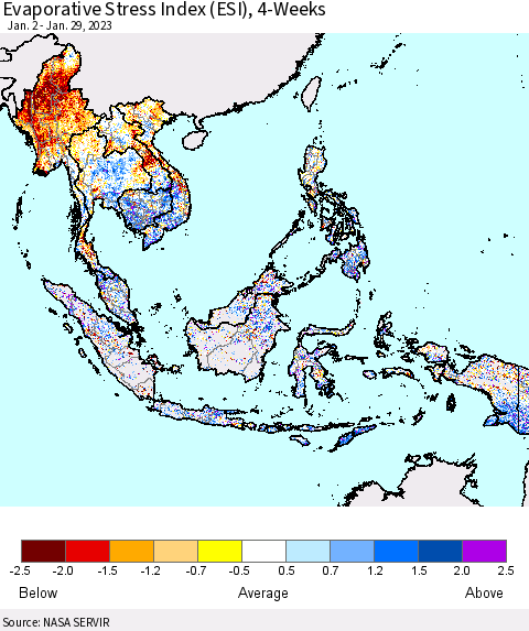 South East Asia Evaporative Stress Index (ESI), 4-Weeks Thematic Map For 1/23/2023 - 1/29/2023