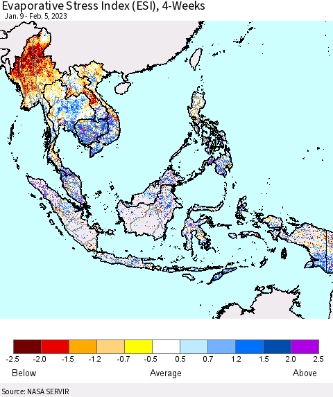 South East Asia Evaporative Stress Index (ESI), 4-Weeks Thematic Map For 1/30/2023 - 2/5/2023