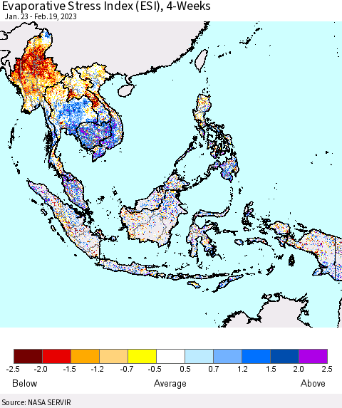 South East Asia Evaporative Stress Index (ESI), 4-Weeks Thematic Map For 2/13/2023 - 2/19/2023