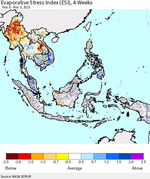 South East Asia Evaporative Stress Index (ESI), 4-Weeks Thematic Map For 2/27/2023 - 3/5/2023