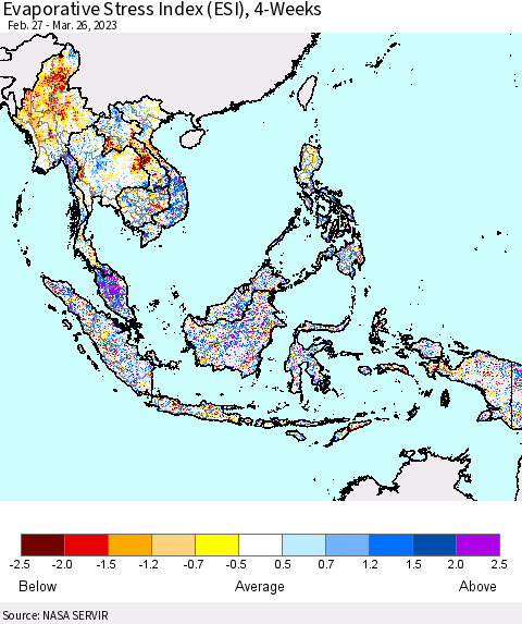 South East Asia Evaporative Stress Index (ESI), 4-Weeks Thematic Map For 3/20/2023 - 3/26/2023