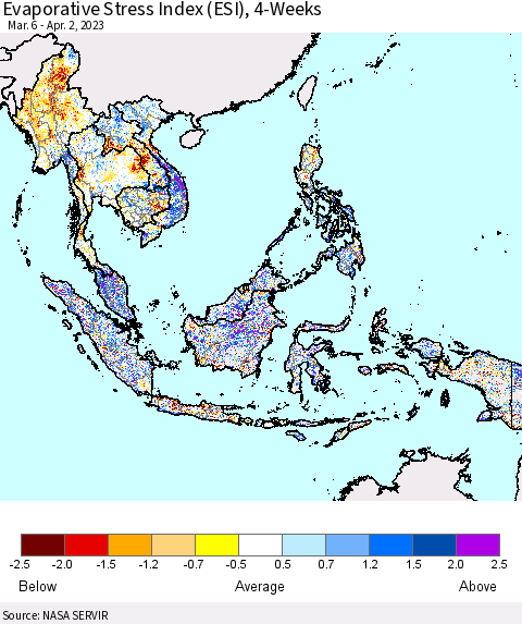 South East Asia Evaporative Stress Index (ESI), 4-Weeks Thematic Map For 3/27/2023 - 4/2/2023