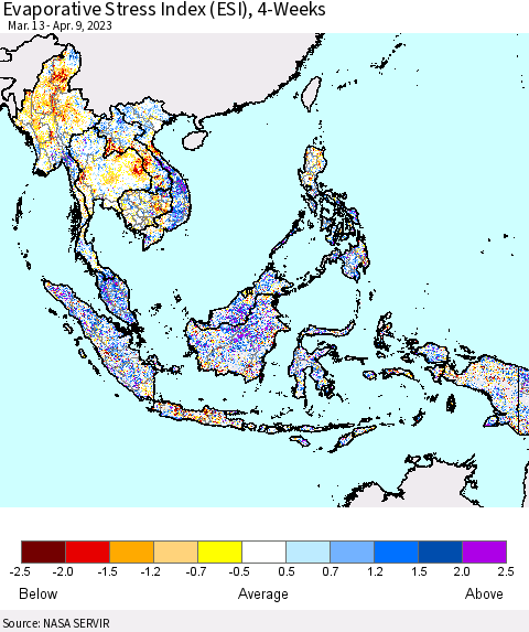 South East Asia Evaporative Stress Index (ESI), 4-Weeks Thematic Map For 4/3/2023 - 4/9/2023