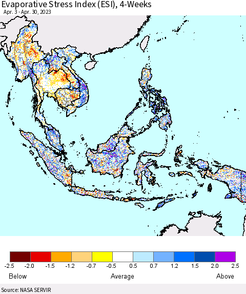 South East Asia Evaporative Stress Index (ESI), 4-Weeks Thematic Map For 4/24/2023 - 4/30/2023