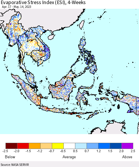 South East Asia Evaporative Stress Index (ESI), 4-Weeks Thematic Map For 5/8/2023 - 5/14/2023