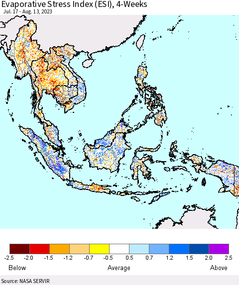South East Asia Evaporative Stress Index (ESI), 4-Weeks Thematic Map For 8/7/2023 - 8/13/2023