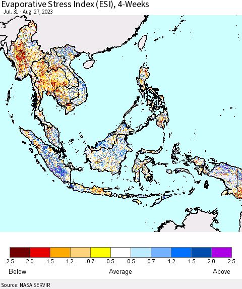 South East Asia Evaporative Stress Index (ESI), 4-Weeks Thematic Map For 8/21/2023 - 8/27/2023