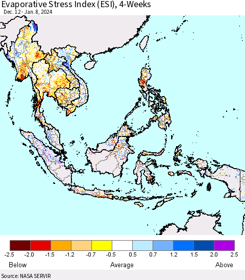 South East Asia Evaporative Stress Index (ESI), 4-Weeks Thematic Map For 1/8/2024 - 1/14/2024