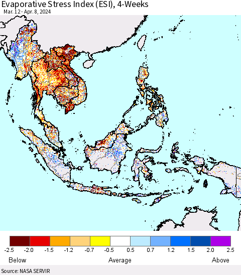 South East Asia Evaporative Stress Index (ESI), 4-Weeks Thematic Map For 4/8/2024 - 4/14/2024
