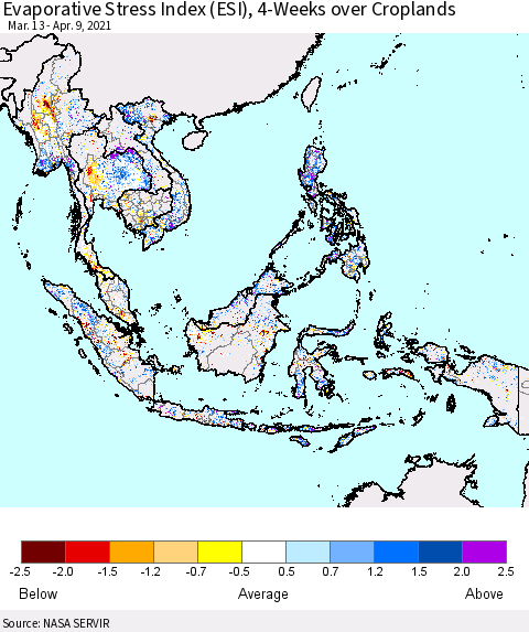 South East Asia Evaporative Stress Index (ESI), 4-Weeks over Croplands Thematic Map For 4/5/2021 - 4/11/2021