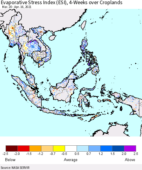 South East Asia Evaporative Stress Index (ESI), 4-Weeks over Croplands Thematic Map For 4/12/2021 - 4/18/2021