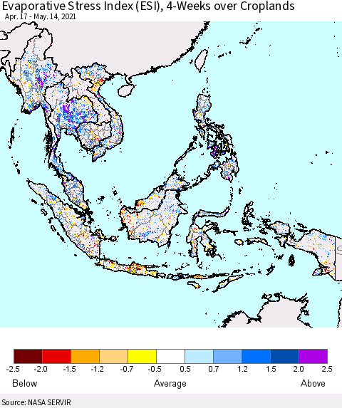 South East Asia Evaporative Stress Index (ESI), 4-Weeks over Croplands Thematic Map For 5/10/2021 - 5/16/2021