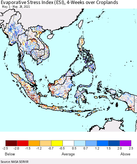 South East Asia Evaporative Stress Index (ESI), 4-Weeks over Croplands Thematic Map For 5/24/2021 - 5/30/2021