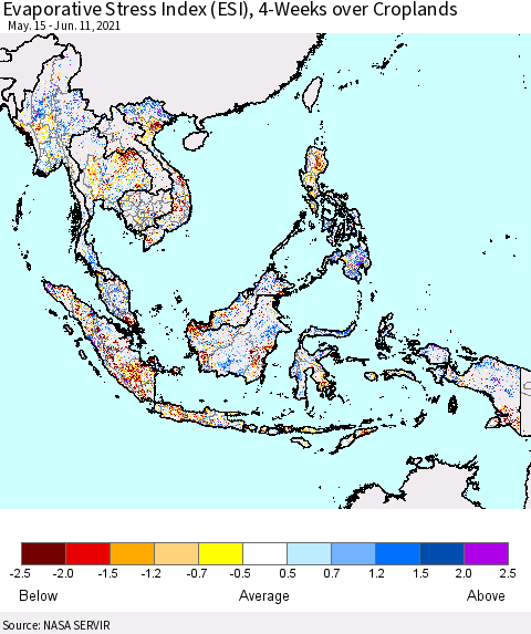 South East Asia Evaporative Stress Index (ESI), 4-Weeks over Croplands Thematic Map For 6/7/2021 - 6/13/2021