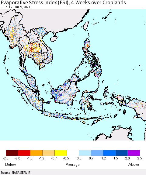 South East Asia Evaporative Stress Index (ESI), 4-Weeks over Croplands Thematic Map For 7/5/2021 - 7/11/2021