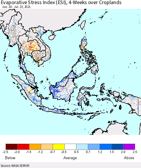 South East Asia Evaporative Stress Index (ESI), 4-Weeks over Croplands Thematic Map For 7/19/2021 - 7/25/2021