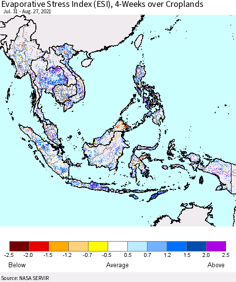 South East Asia Evaporative Stress Index (ESI), 4-Weeks over Croplands Thematic Map For 8/23/2021 - 8/29/2021