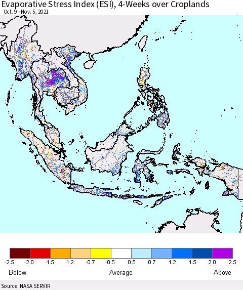 South East Asia Evaporative Stress Index (ESI), 4-Weeks over Croplands Thematic Map For 11/1/2021 - 11/7/2021