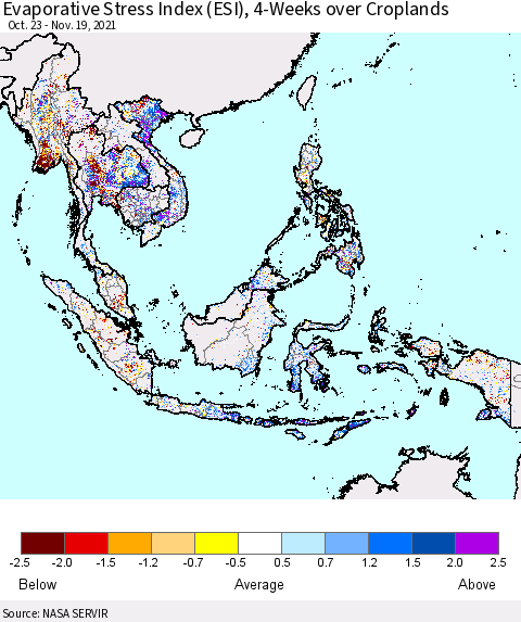 South East Asia Evaporative Stress Index (ESI), 4-Weeks over Croplands Thematic Map For 11/15/2021 - 11/21/2021