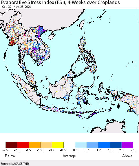 South East Asia Evaporative Stress Index (ESI), 4-Weeks over Croplands Thematic Map For 11/22/2021 - 11/28/2021