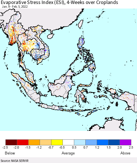 South East Asia Evaporative Stress Index (ESI), 4-Weeks over Croplands Thematic Map For 1/31/2022 - 2/6/2022
