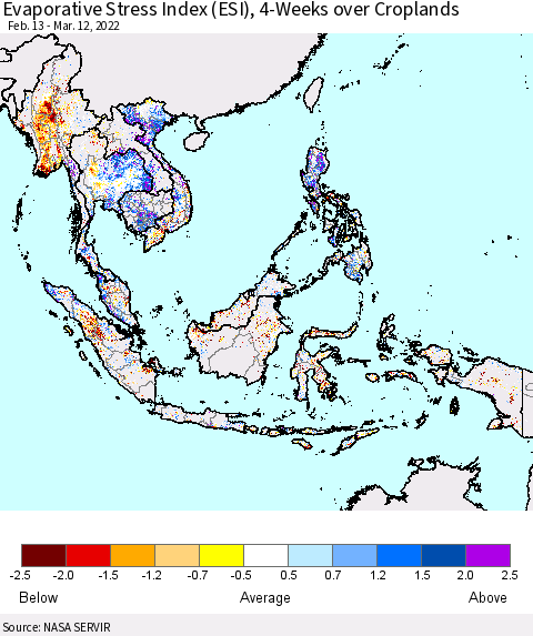 South East Asia Evaporative Stress Index (ESI), 4-Weeks over Croplands Thematic Map For 3/7/2022 - 3/13/2022