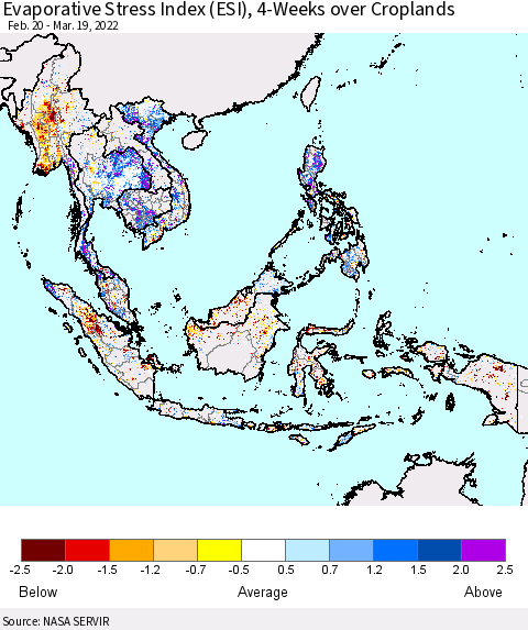 South East Asia Evaporative Stress Index (ESI), 4-Weeks over Croplands Thematic Map For 3/14/2022 - 3/20/2022