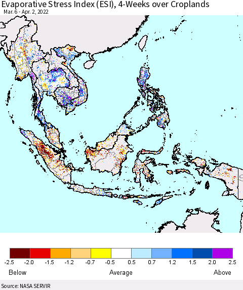 South East Asia Evaporative Stress Index (ESI), 4-Weeks over Croplands Thematic Map For 3/28/2022 - 4/3/2022