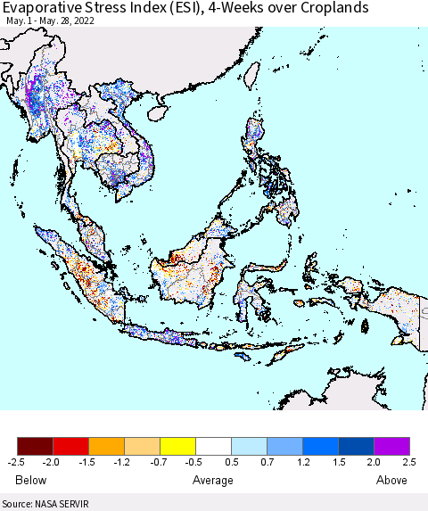South East Asia Evaporative Stress Index (ESI), 4-Weeks over Croplands Thematic Map For 5/23/2022 - 5/29/2022