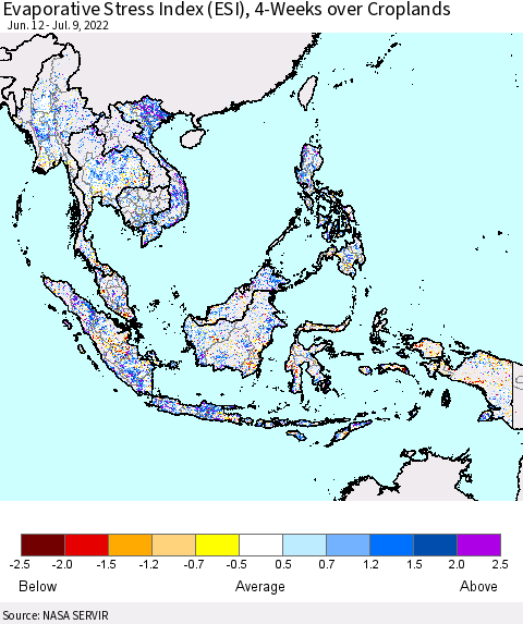 South East Asia Evaporative Stress Index (ESI), 4-Weeks over Croplands Thematic Map For 7/4/2022 - 7/10/2022