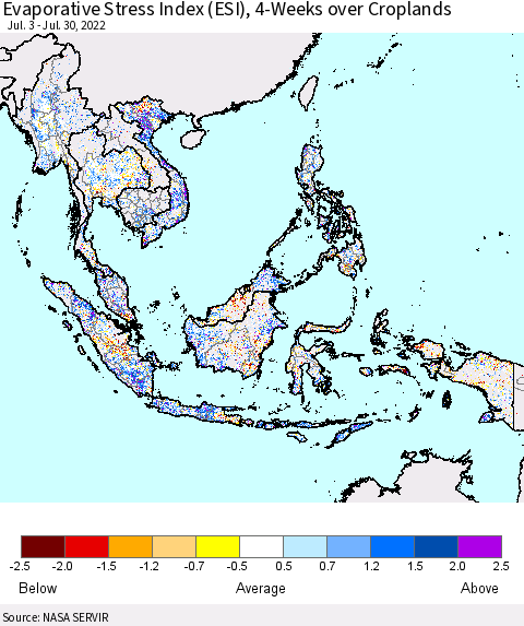South East Asia Evaporative Stress Index (ESI), 4-Weeks over Croplands Thematic Map For 7/25/2022 - 7/31/2022