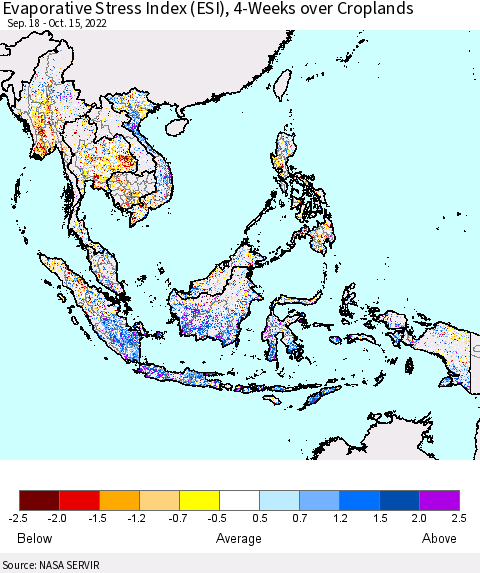 South East Asia Evaporative Stress Index (ESI), 4-Weeks over Croplands Thematic Map For 10/10/2022 - 10/16/2022