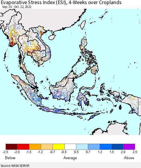 South East Asia Evaporative Stress Index (ESI), 4-Weeks over Croplands Thematic Map For 10/17/2022 - 10/23/2022