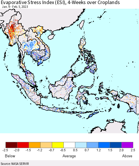 South East Asia Evaporative Stress Index (ESI), 4-Weeks over Croplands Thematic Map For 1/30/2023 - 2/5/2023