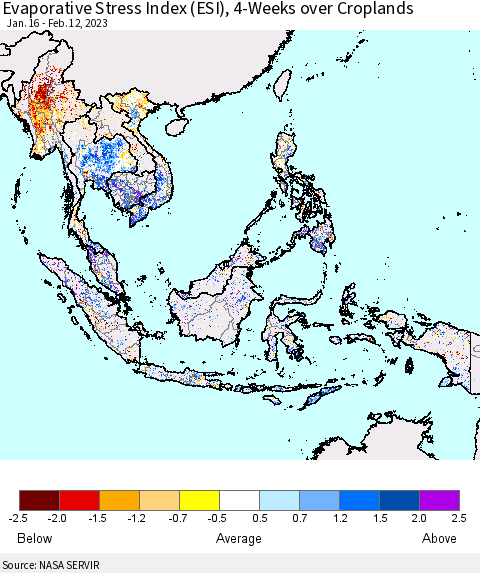 South East Asia Evaporative Stress Index (ESI), 4-Weeks over Croplands Thematic Map For 2/6/2023 - 2/12/2023