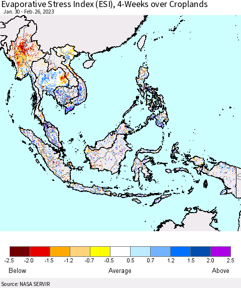 South East Asia Evaporative Stress Index (ESI), 4-Weeks over Croplands Thematic Map For 2/20/2023 - 2/26/2023