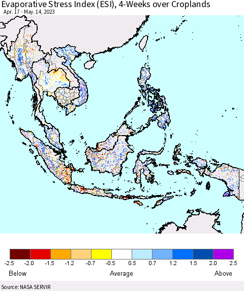 South East Asia Evaporative Stress Index (ESI), 4-Weeks over Croplands Thematic Map For 5/8/2023 - 5/14/2023