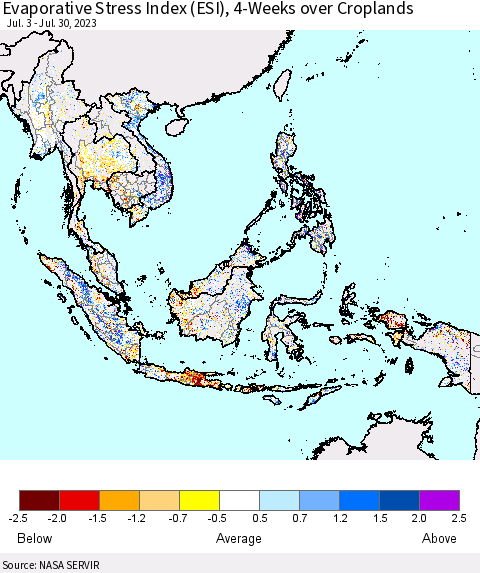 South East Asia Evaporative Stress Index (ESI), 4-Weeks over Croplands Thematic Map For 7/24/2023 - 7/30/2023