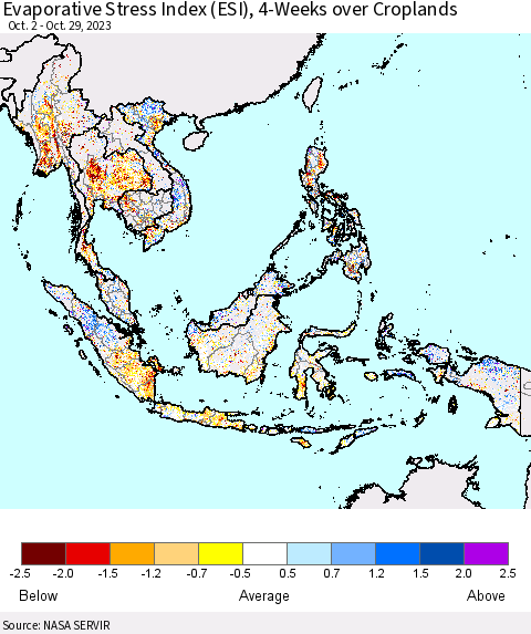 South East Asia Evaporative Stress Index (ESI), 4-Weeks over Croplands Thematic Map For 10/23/2023 - 10/29/2023