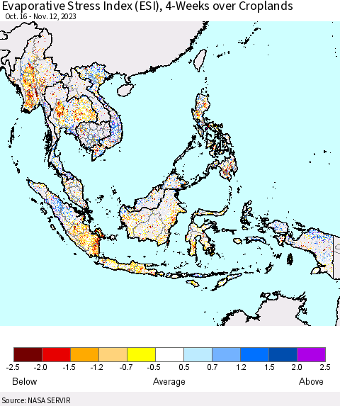South East Asia Evaporative Stress Index (ESI), 4-Weeks over Croplands Thematic Map For 11/6/2023 - 11/12/2023